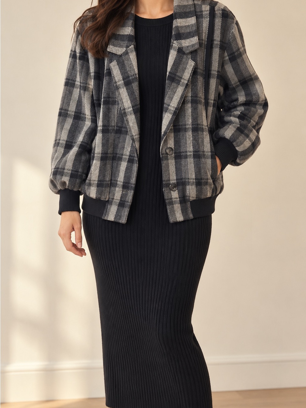 Max Edition Cozy Gray Plaid Bomber Blazer Jacket Size L